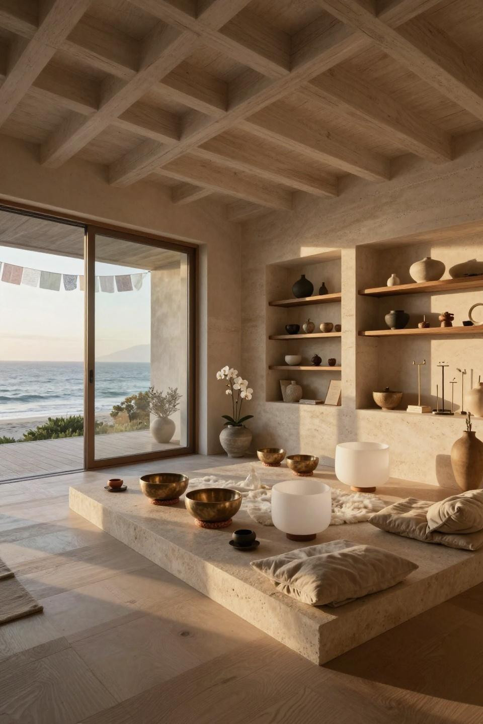 Spiritual room ideas with Tibetan singing bowls on limestone platform and Pacific Ocean views