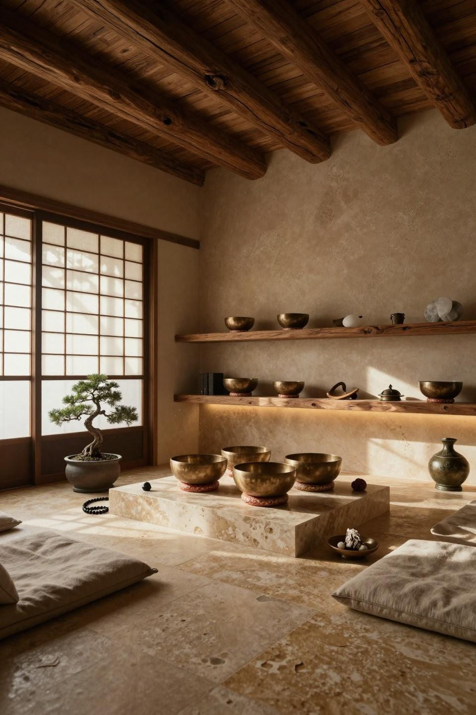 Home meditation space with bronze singing bowl collection on travertine meditation platform