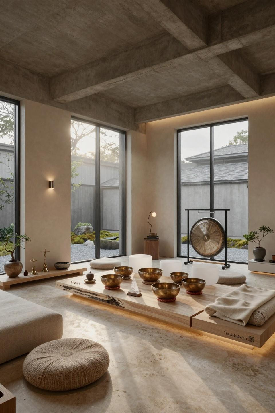Spiritual room aesthetic with crystal sound pyramids and ceremonial gongs on wooden stands