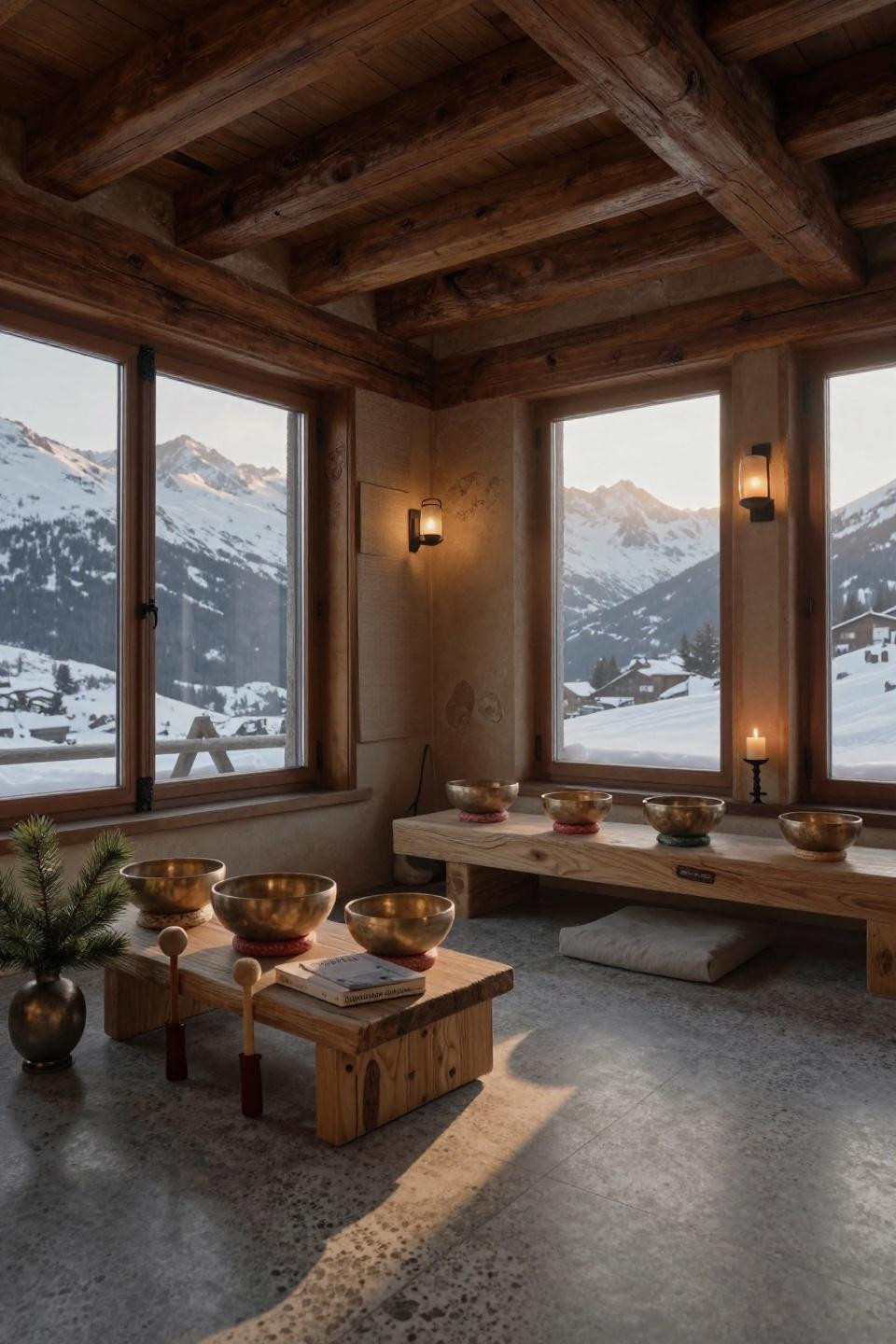 Sound healing room featuring seven graduated Tibetan singing bowls on walnut altar