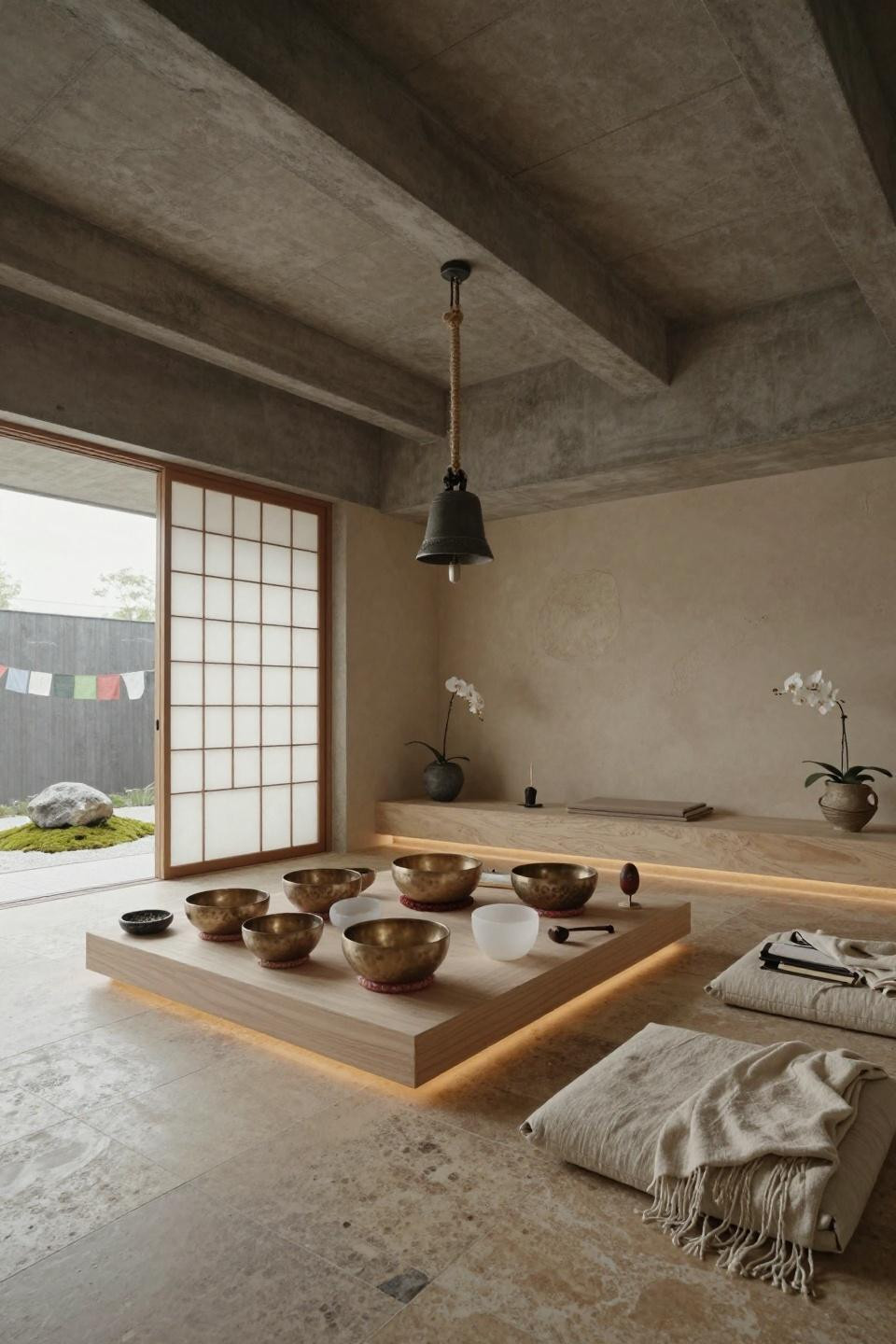 Spiritual room meditation space with hand-hammered bronze singing bowls and zen garden view