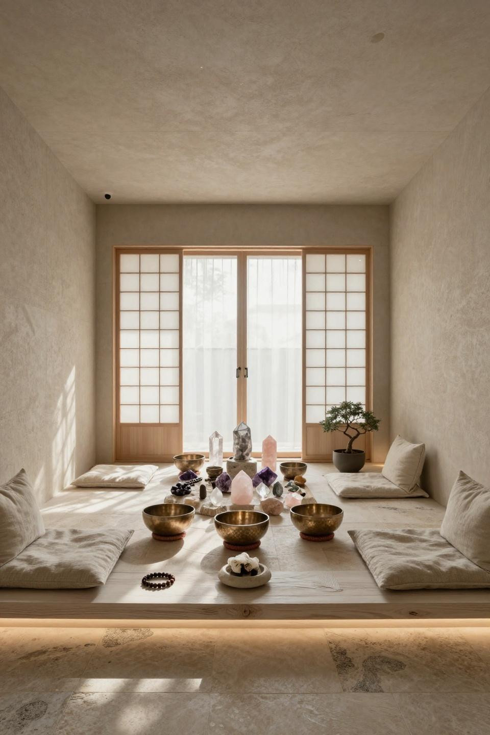 Healing room decor with crystal grid on reclaimed limestone altar and Tibetan singing bowls