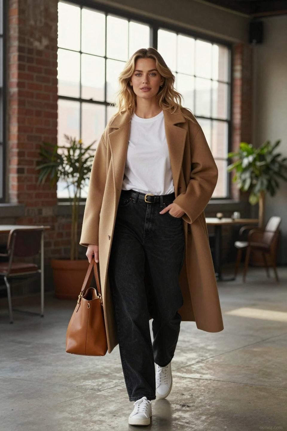 How to style black baggy jeans with camel coat for industrial loft sophistication