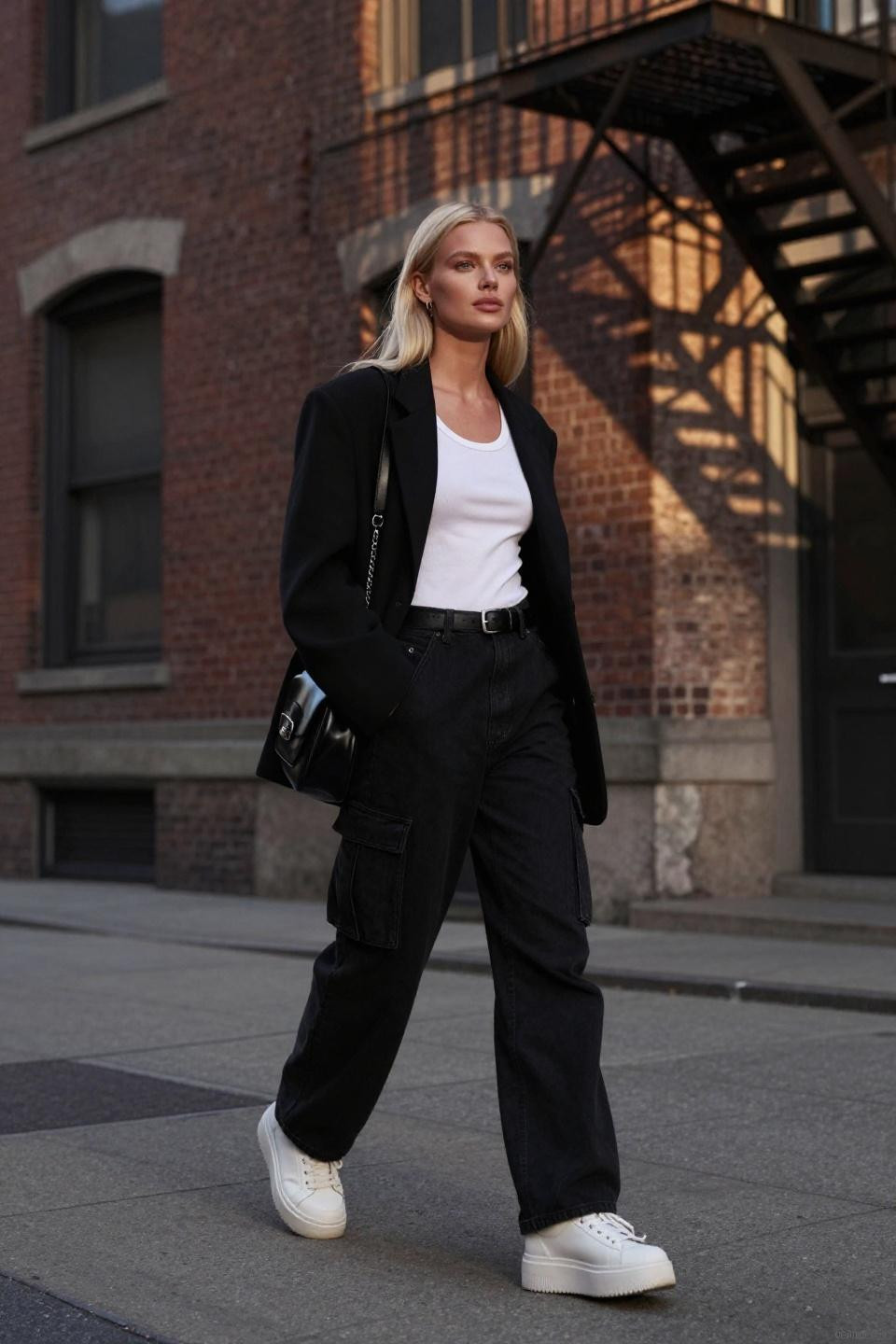 Black cargo jeans outfit with tailored blazer for contemporary streetwear sophistication