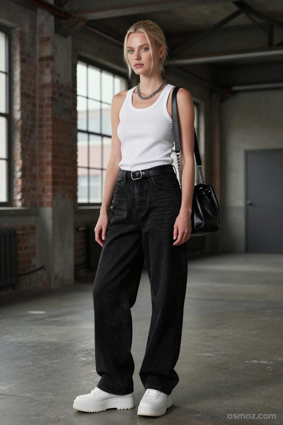 Black baggy pants outfit with ribbed tank and industrial styling sophistication