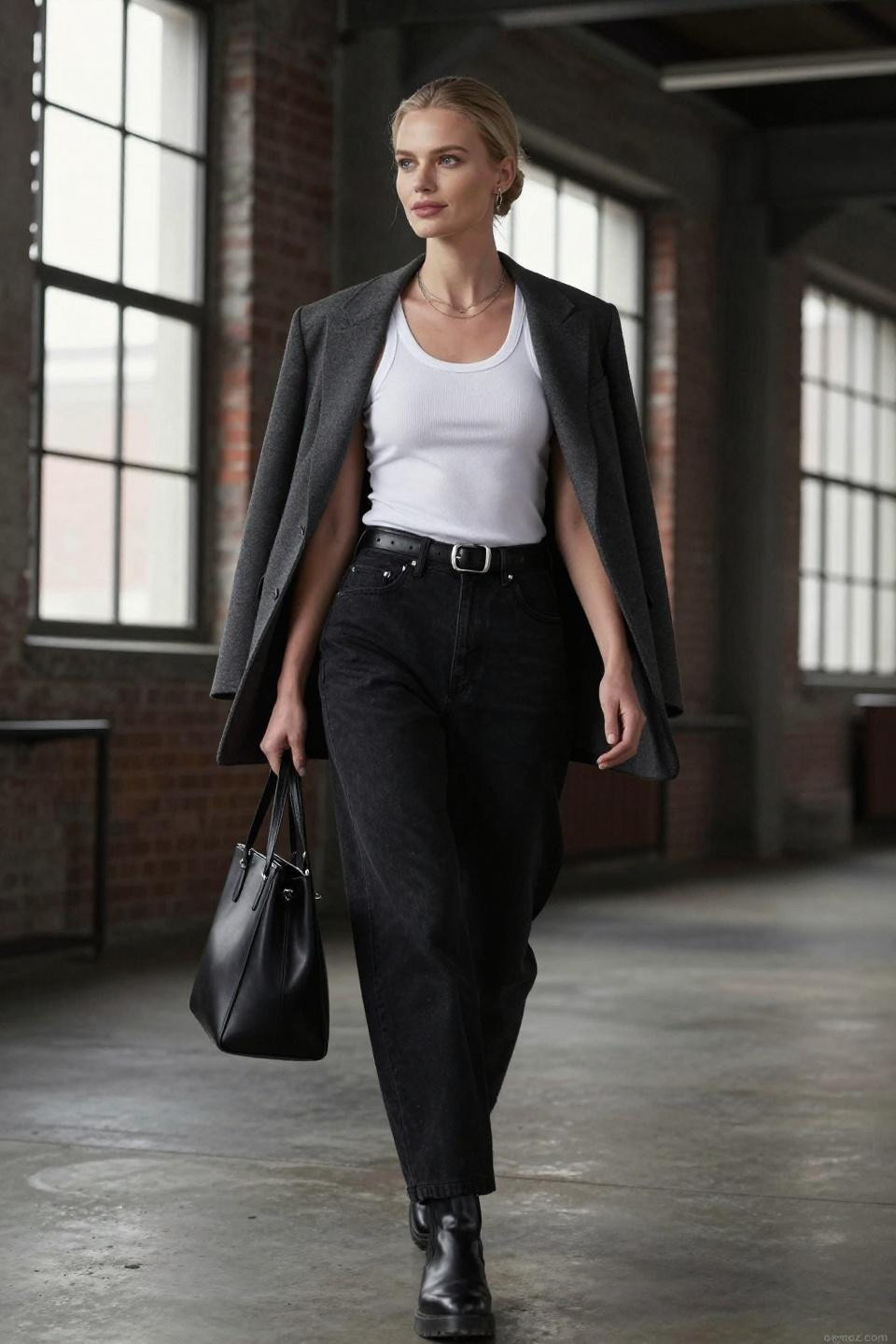 Baggy black pants outfit with charcoal blazer for loft district sophistication