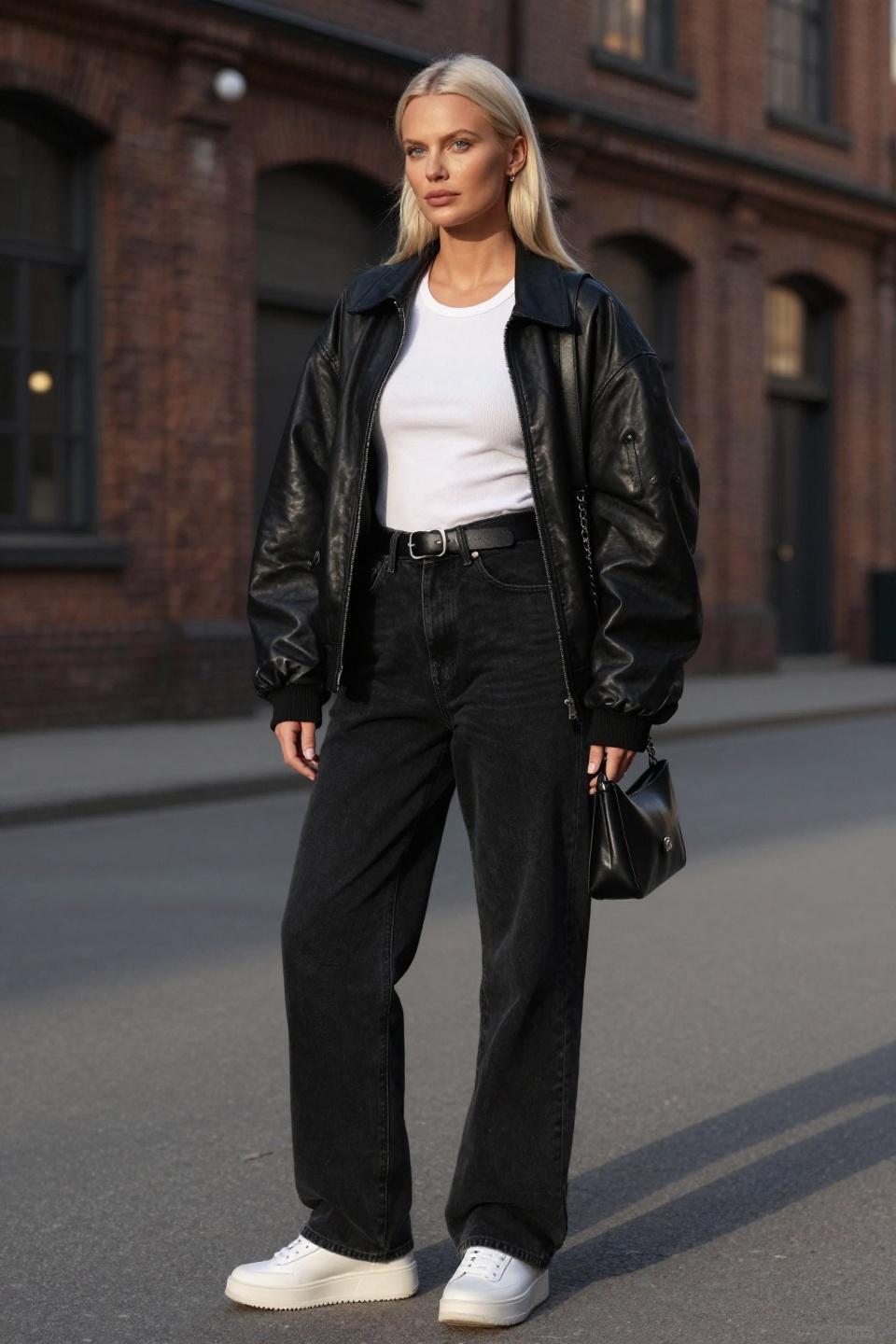 Black jeans outfit aesthetic with leather bomber and white sneakers for downtown edge