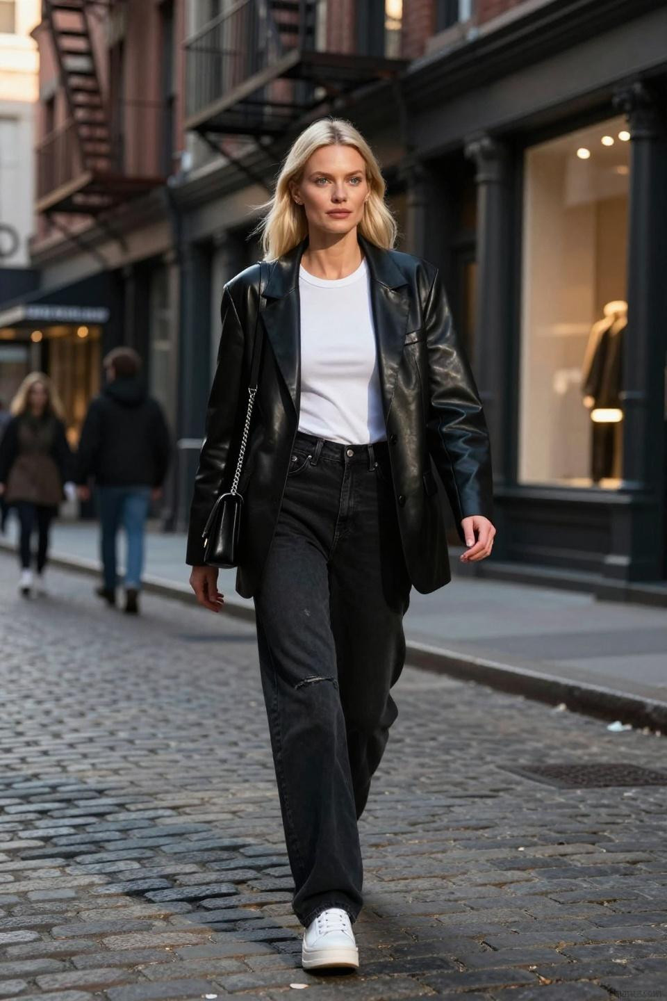 Black washed jeans outfit with leather blazer for downtown sophistication