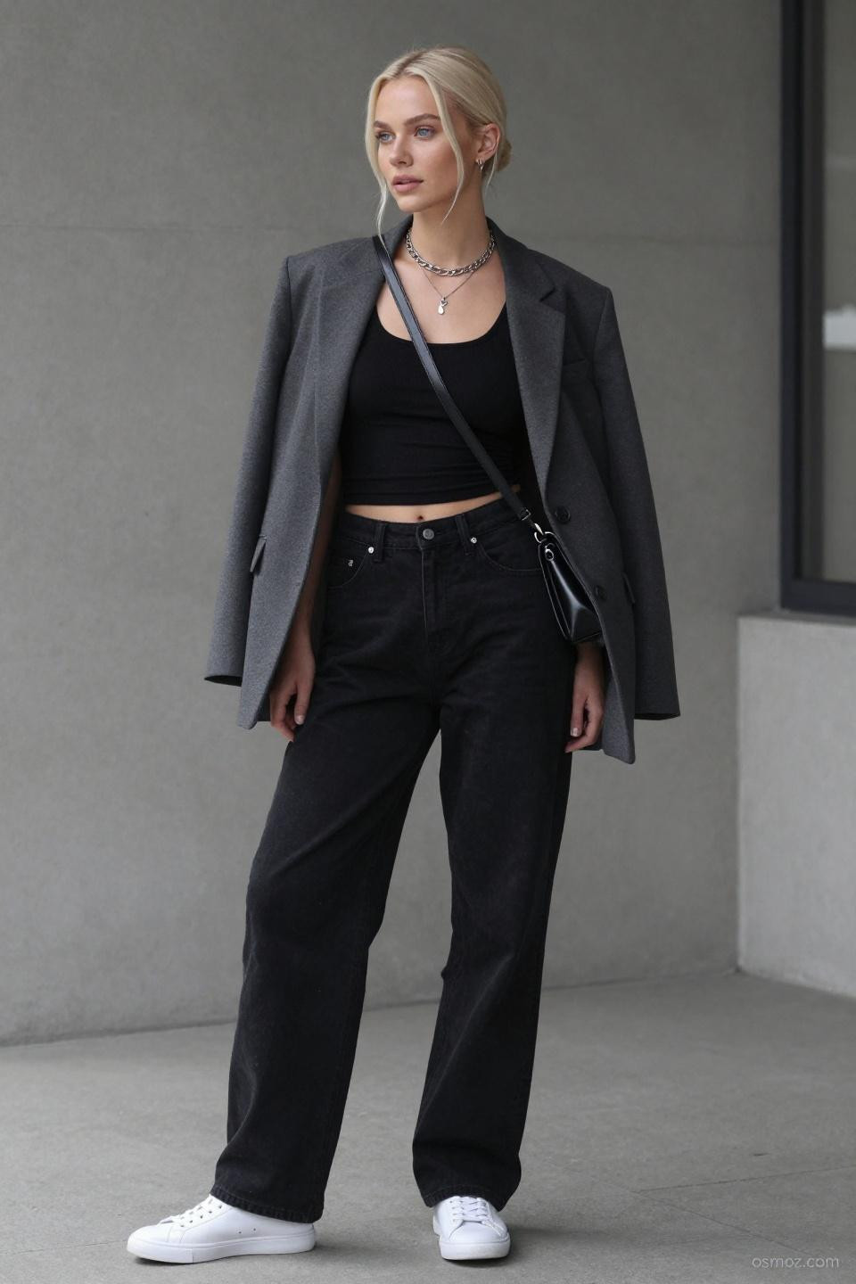 Black cargo jeans outfit with draped charcoal blazer for tomboy luxe aesthetic