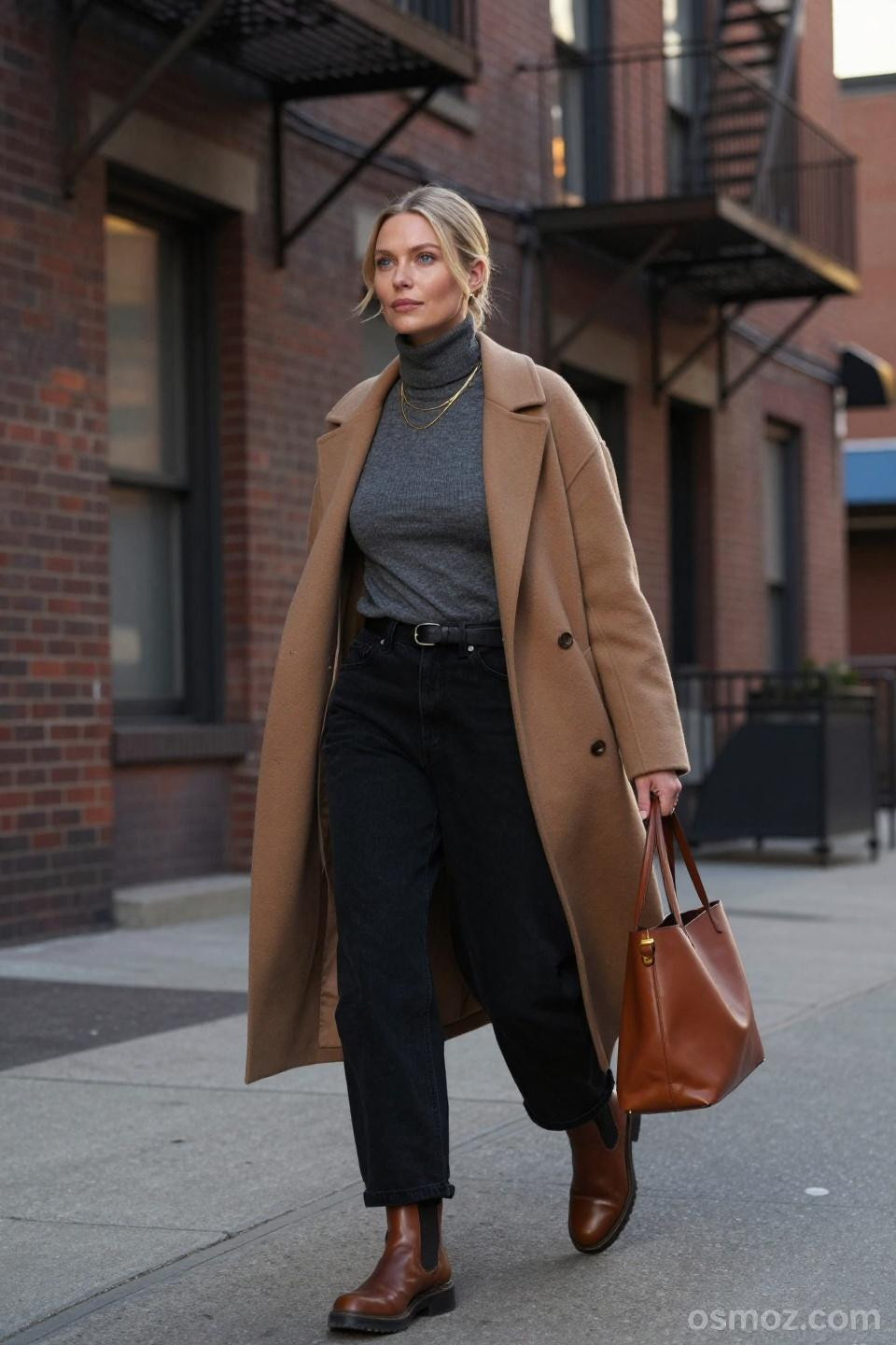Black baggy pants outfit with camel wool coat for elevated casual elegance
