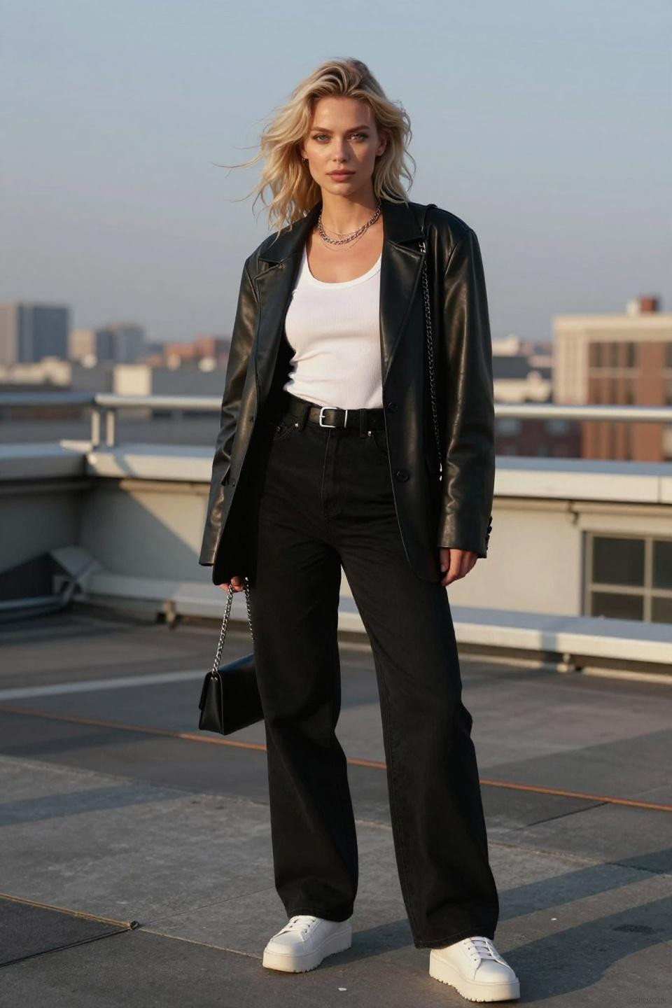 Baggy black pants outfit with oversized blazer for sophisticated street style