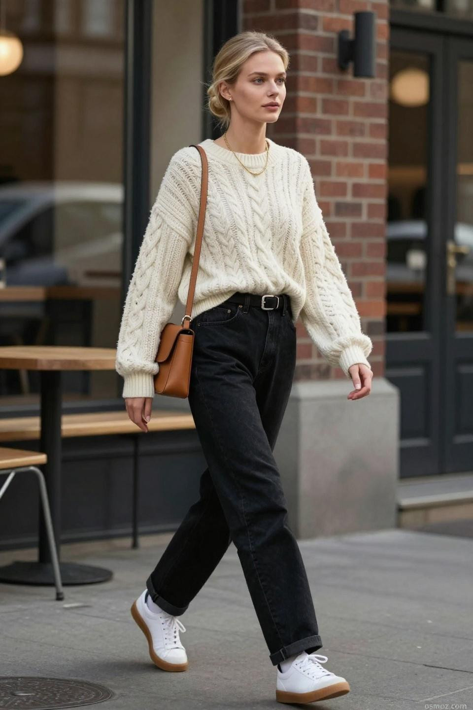 Black baggy jeans outfit with cream cable-knit sweater for casual coffee shop style
