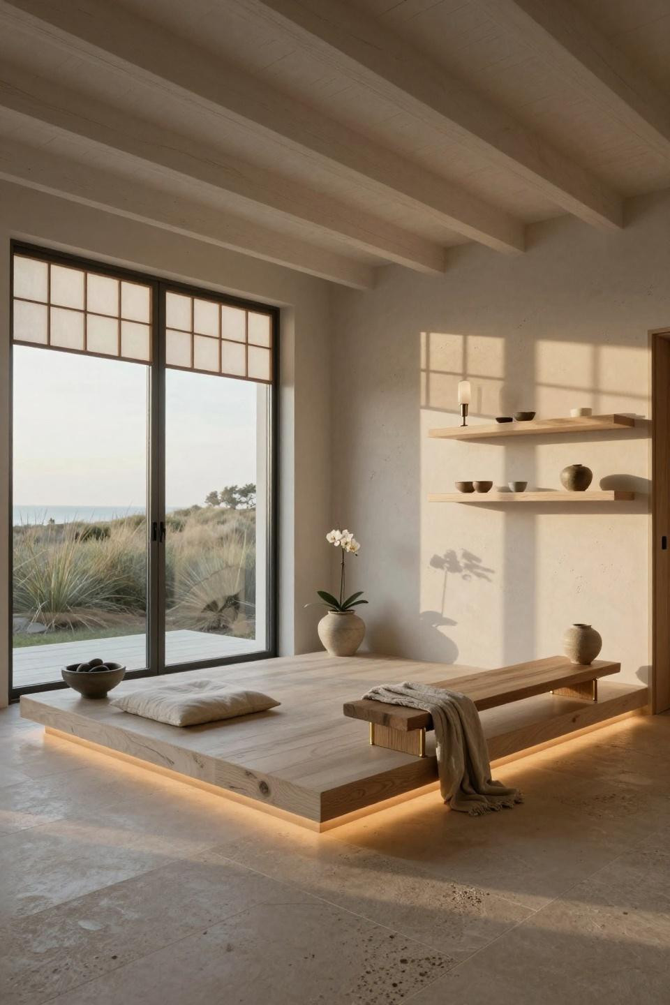 Yoga corner at home with white oak platform and natural linen in Hamptons estate