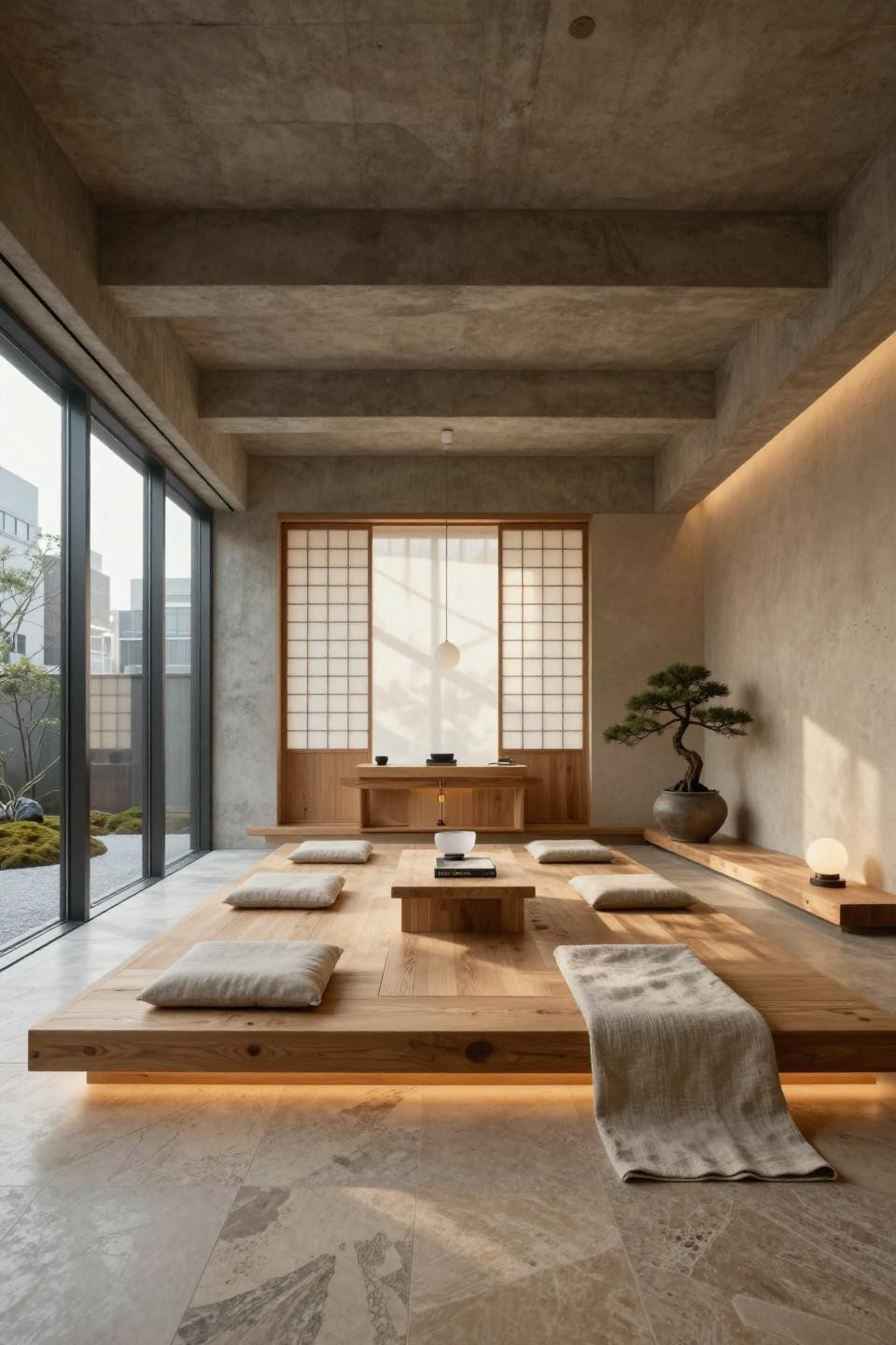 Yoga corner at home with white oak altar and zen garden in Tokyo penthouse