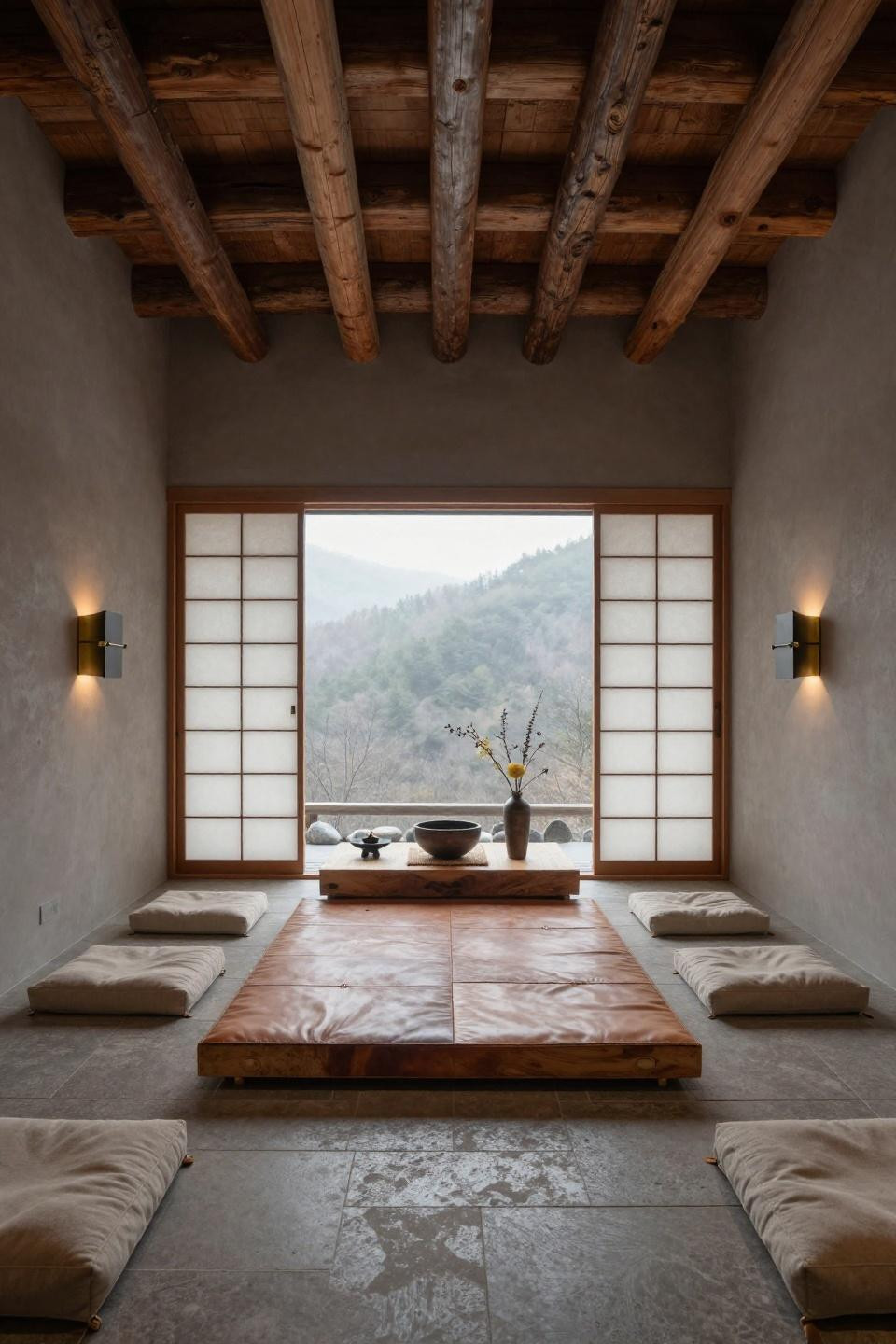 Yoga corner at home with saddle leather cushions and basalt stone in mountain chalet