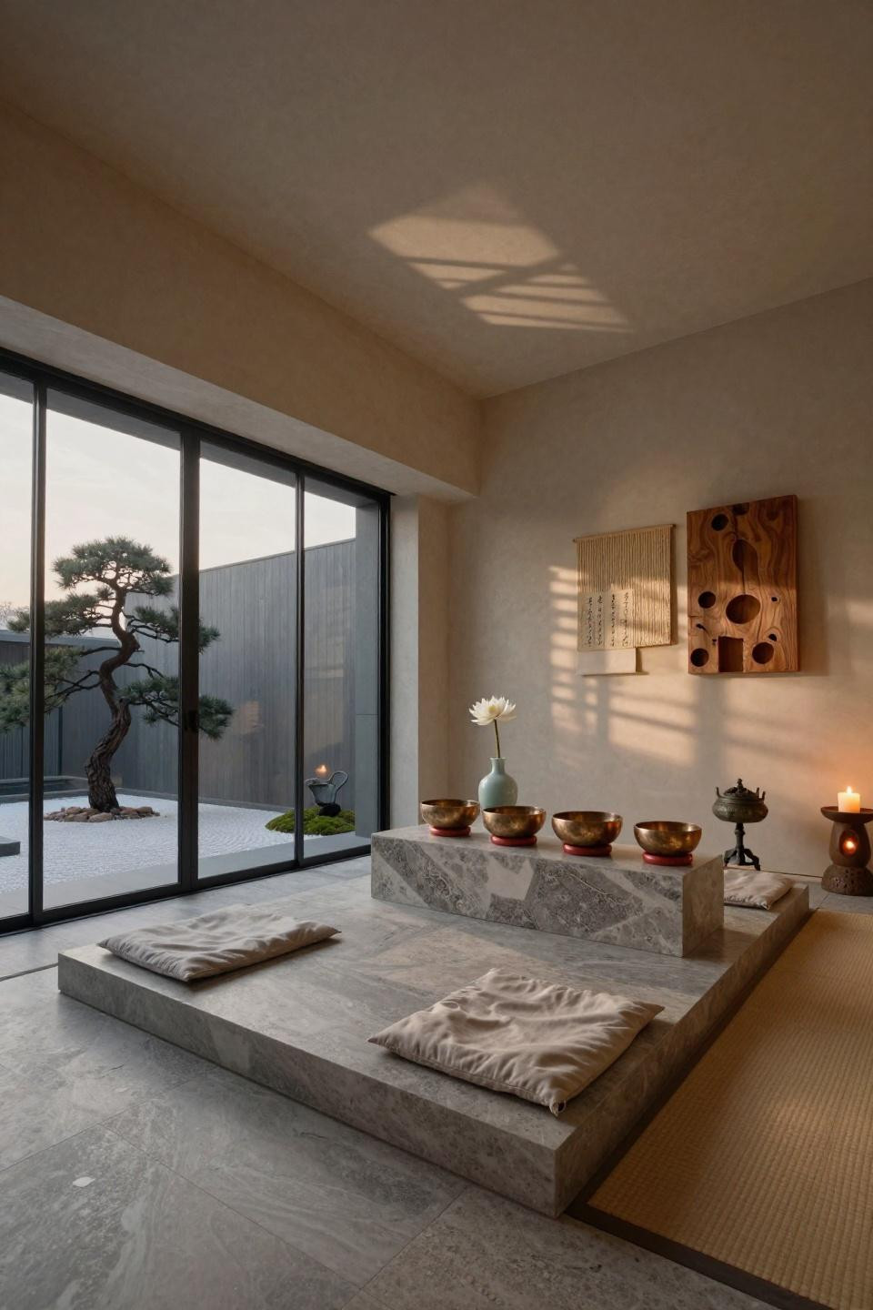 Yoga corner at home with copper singing bowls and quartzite altar in Tokyo villa