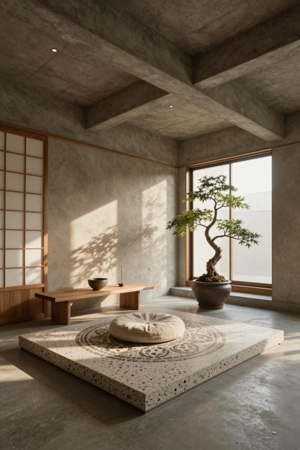Yoga corner at home with terrazzo meditation platform and bonsai in Tokyo manor