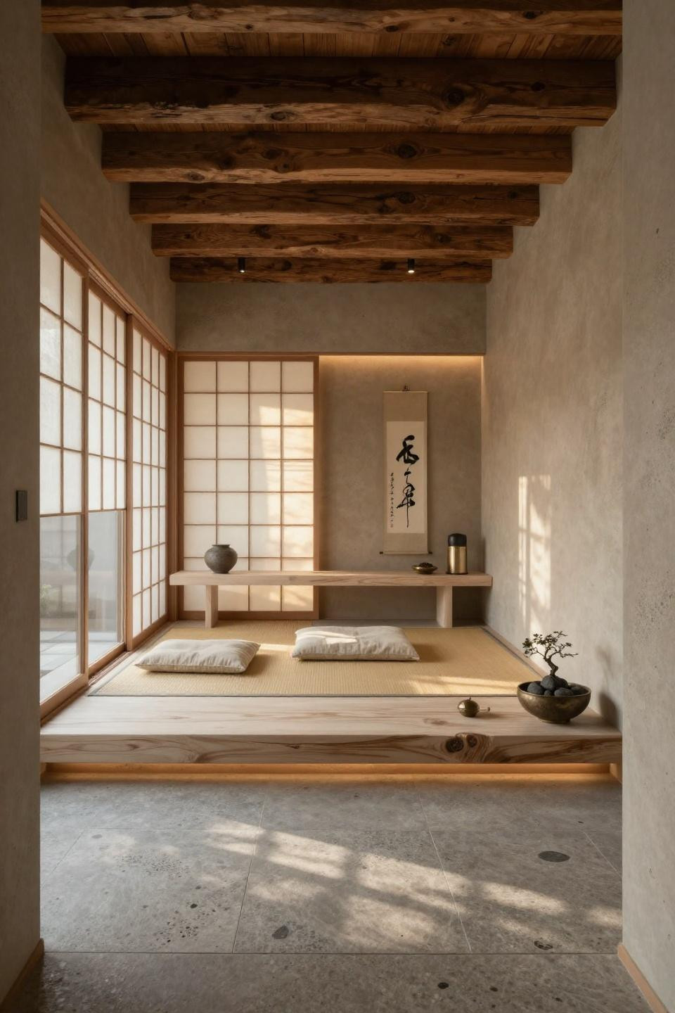 Yoga corner at home with white oak alcove and shoji screens in Tokyo villa