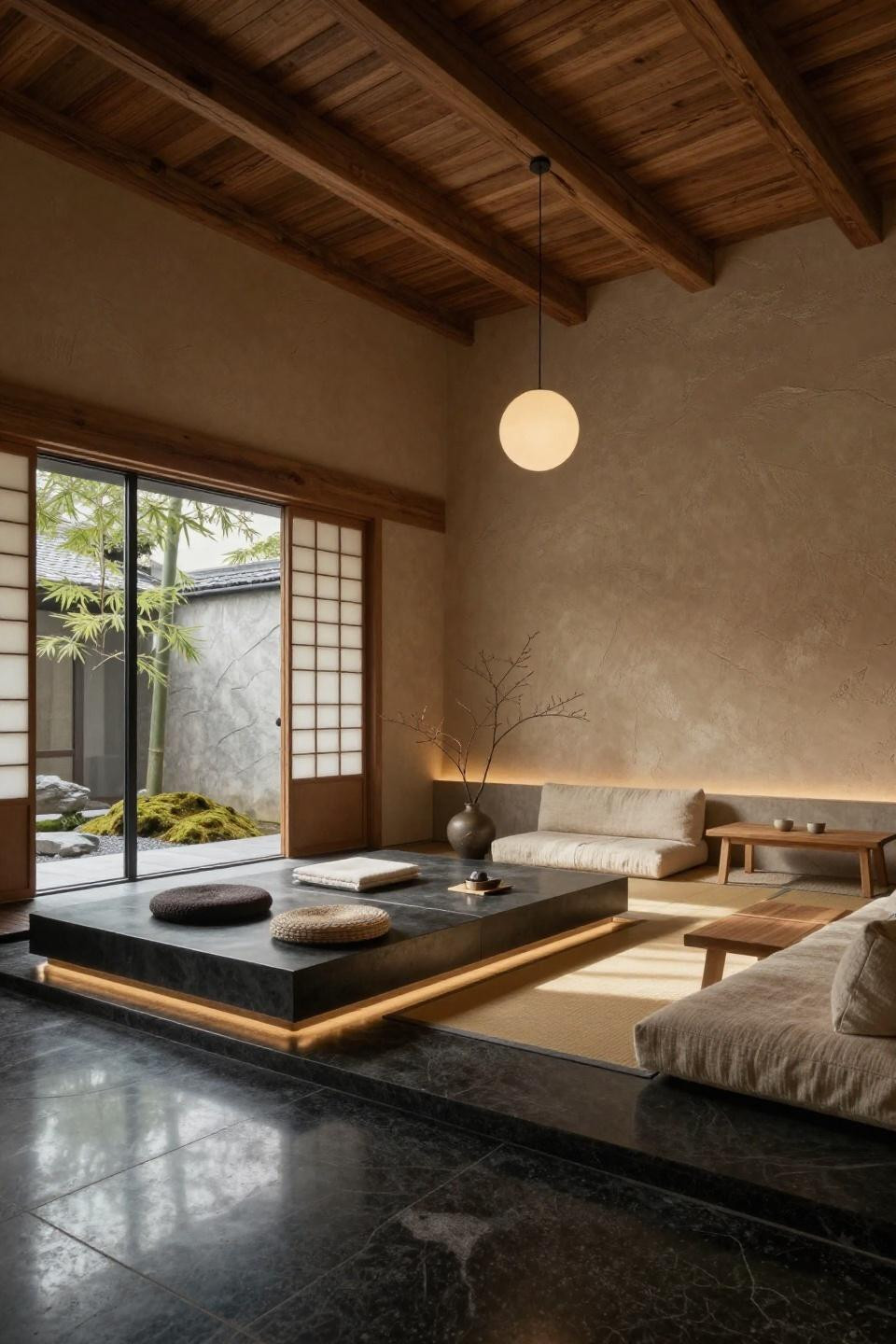 Yoga corner at home with iron meditation platform and Japanese moss garden