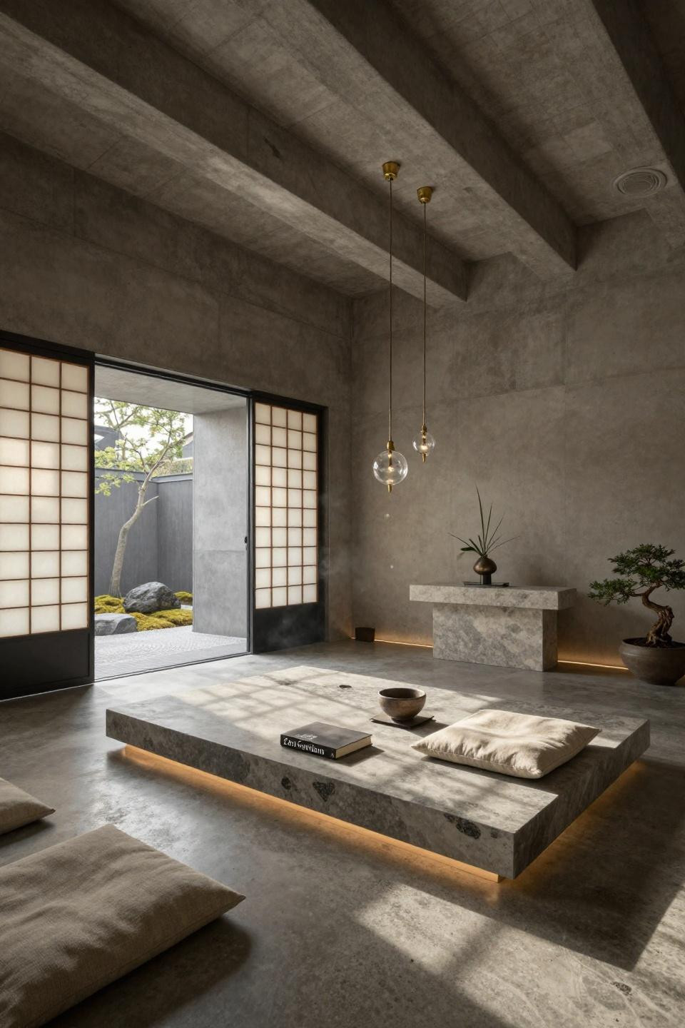 Yoga corner at home with onyx backlight and brass singing bowls in penthouse
