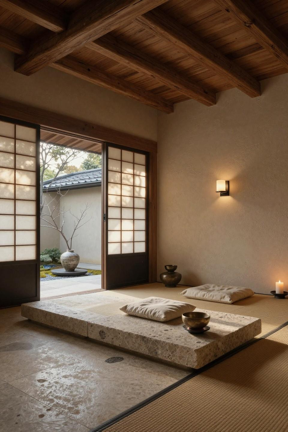 Yoga corner at home with Kyoto artisan tatami and raw silk cushion