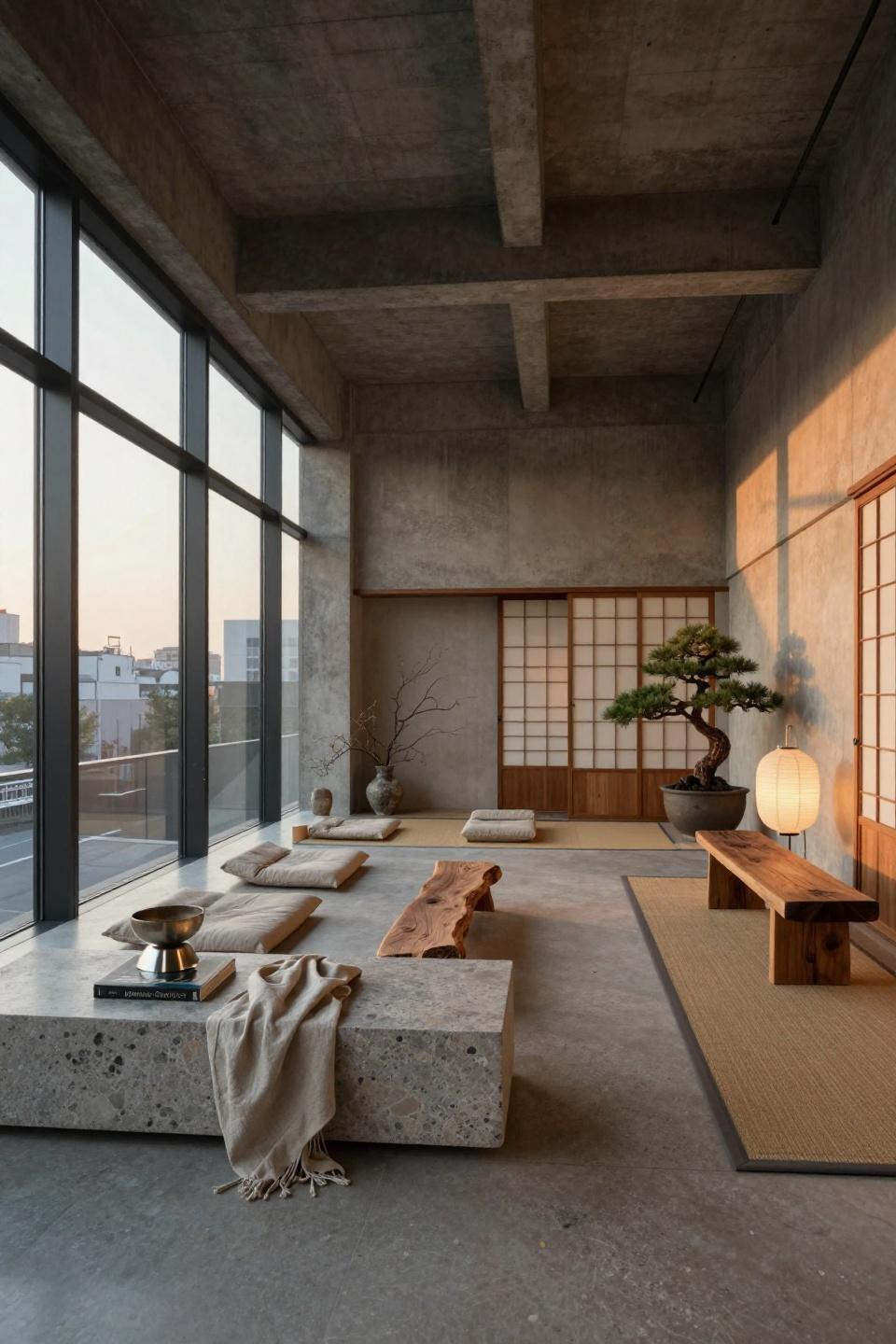 Yoga corner at home in converted industrial loft with limestone platform