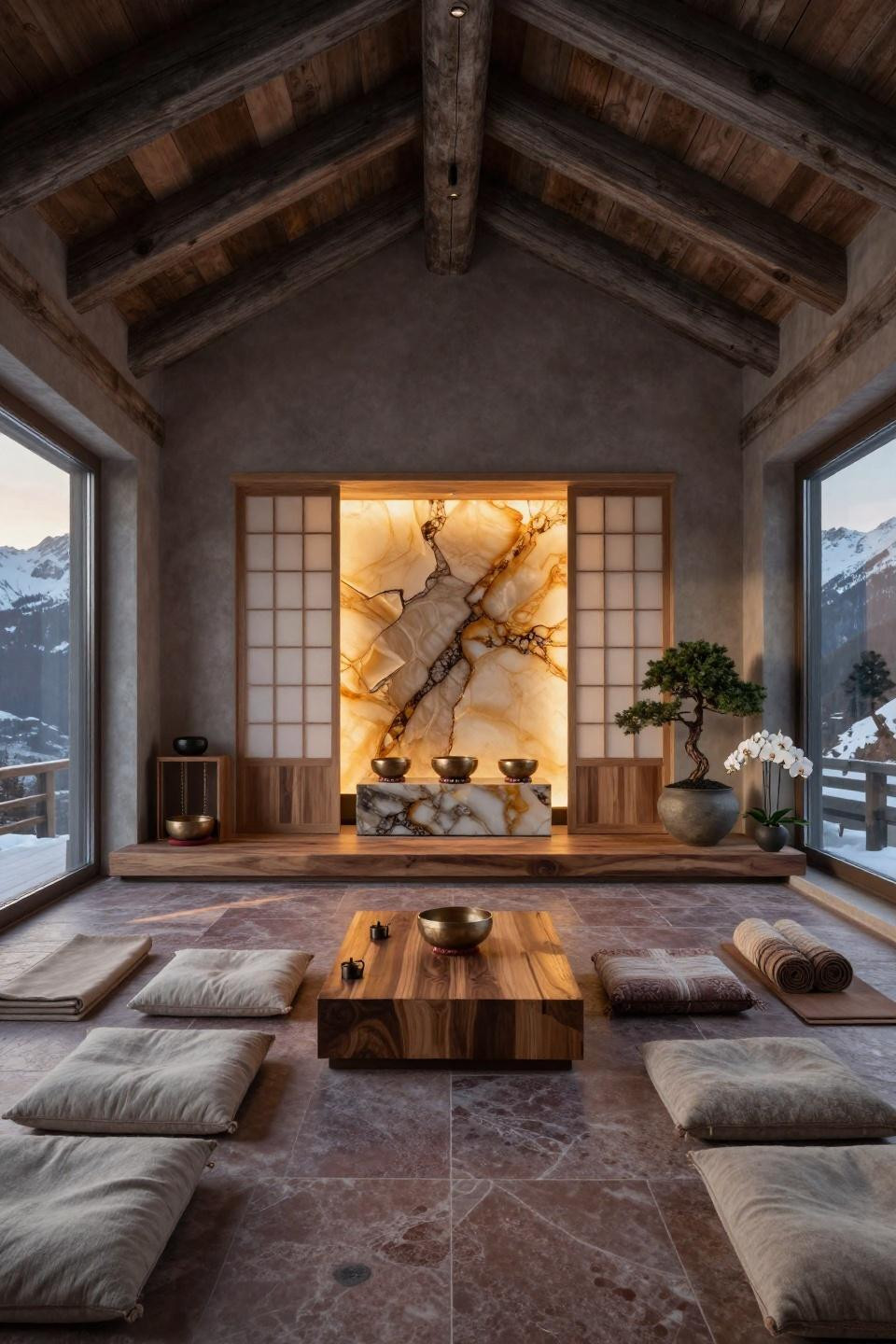 Yoga corner at home with backlit onyx altar in Swiss Alpine chalet