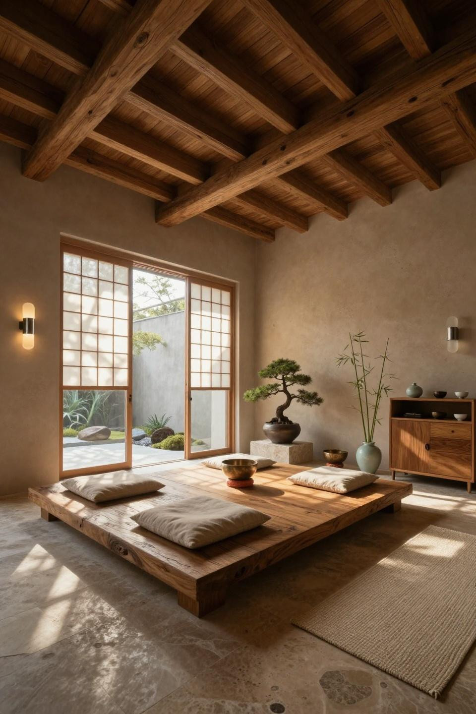 Spiritual room ideas with aged teak platform and zen garden access