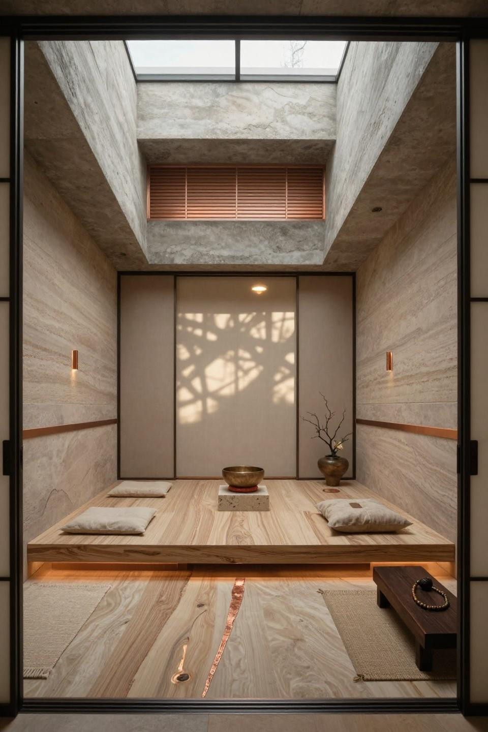 Healing space with quartzite floors and copper skylight in Tokyo villa
