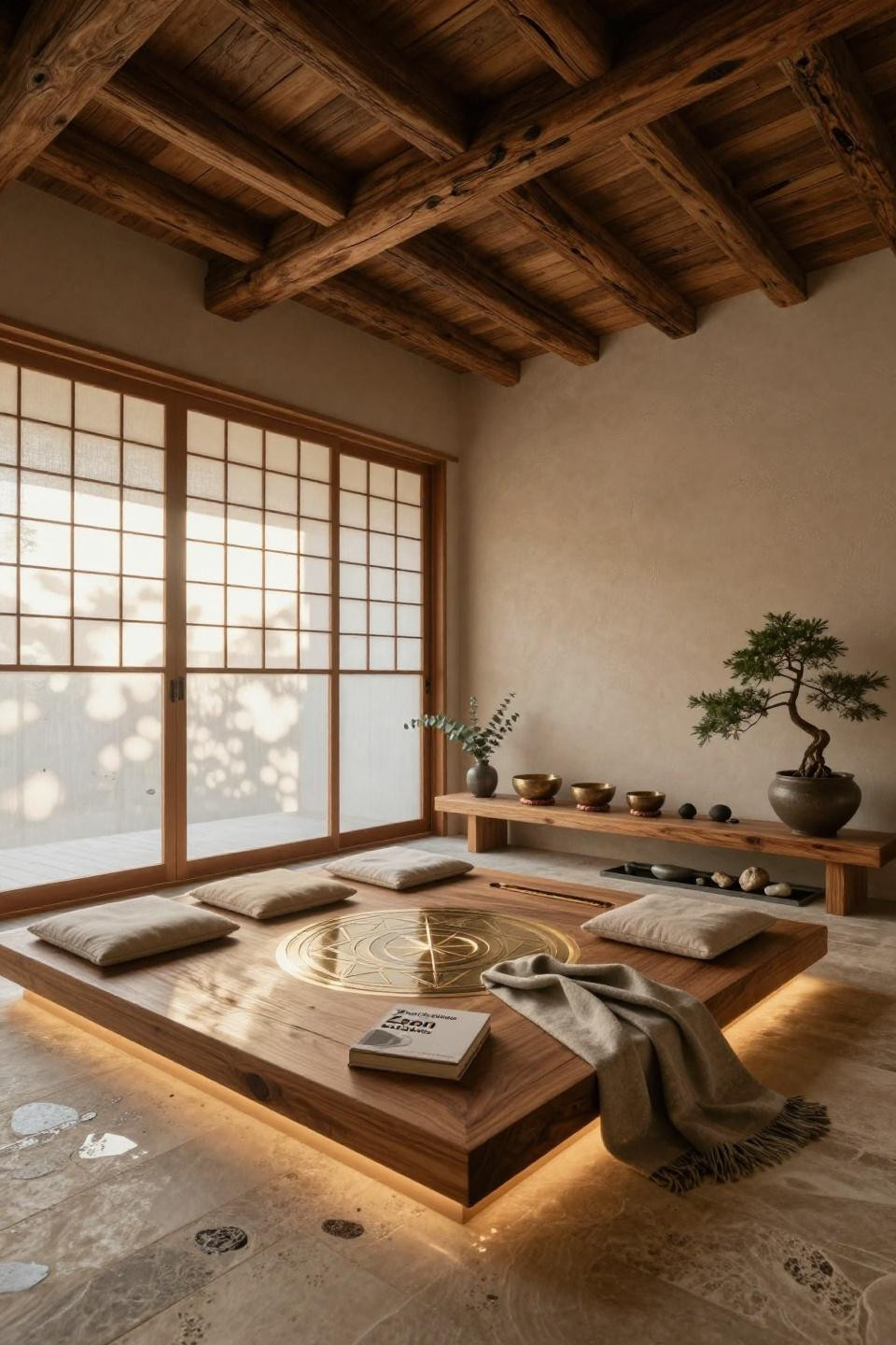 Boho meditation space with reclaimed teak platform and brushed nickel inlay