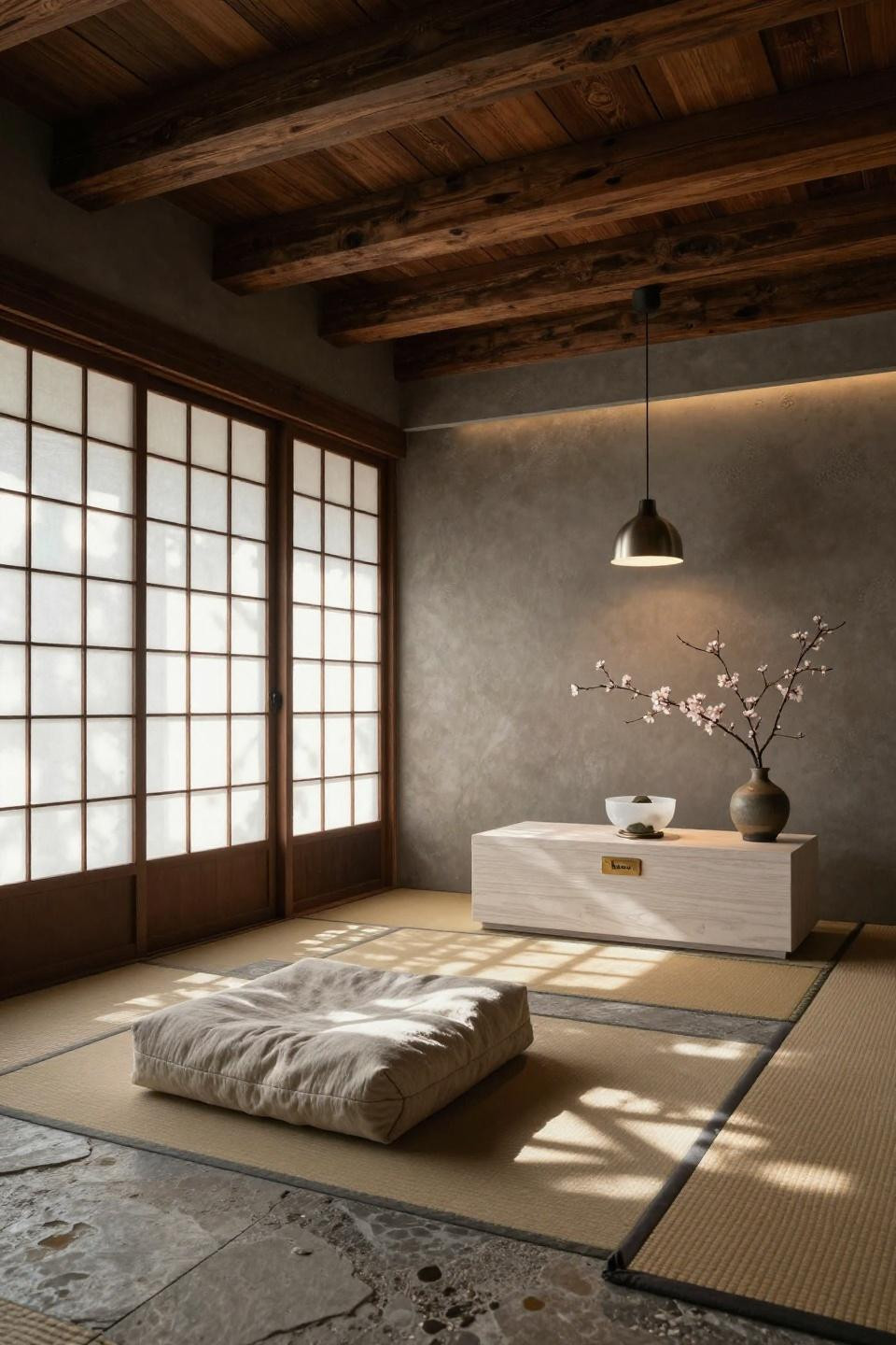 Yoga meditation space zen room with tatami platform and shoji screens