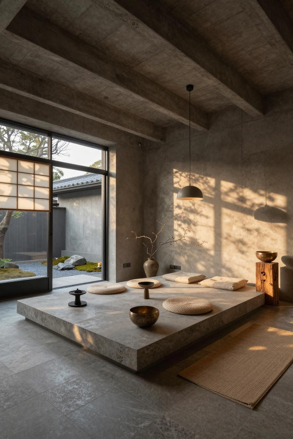 Zen den meditation rooms with geometric light patterns in Tokyo estate