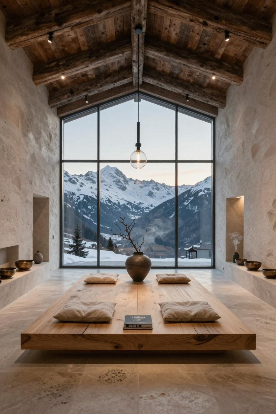 Home meditation space in Swiss Alpine chalet with mountain views
