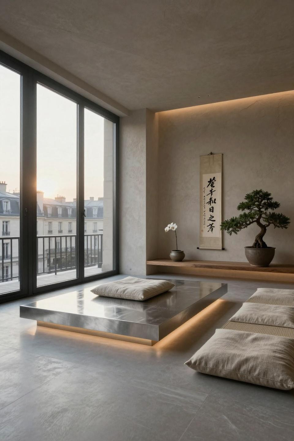 Home meditation room in Parisian penthouse with platinum meditation platform