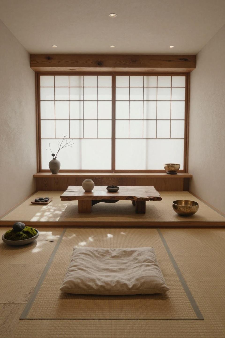 Yoga corner at home with tatami mat and shoji screens in Tokyo meditation space