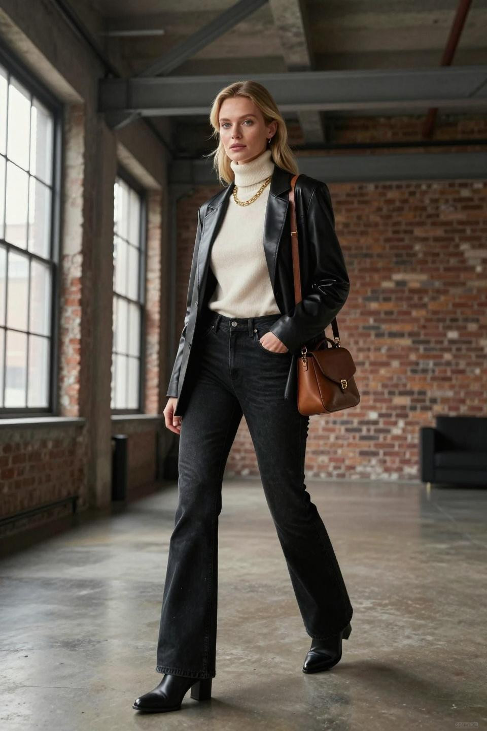 Dark Flare Jeans Outfit with black leather blazer in industrial loft creating architectural sophistication