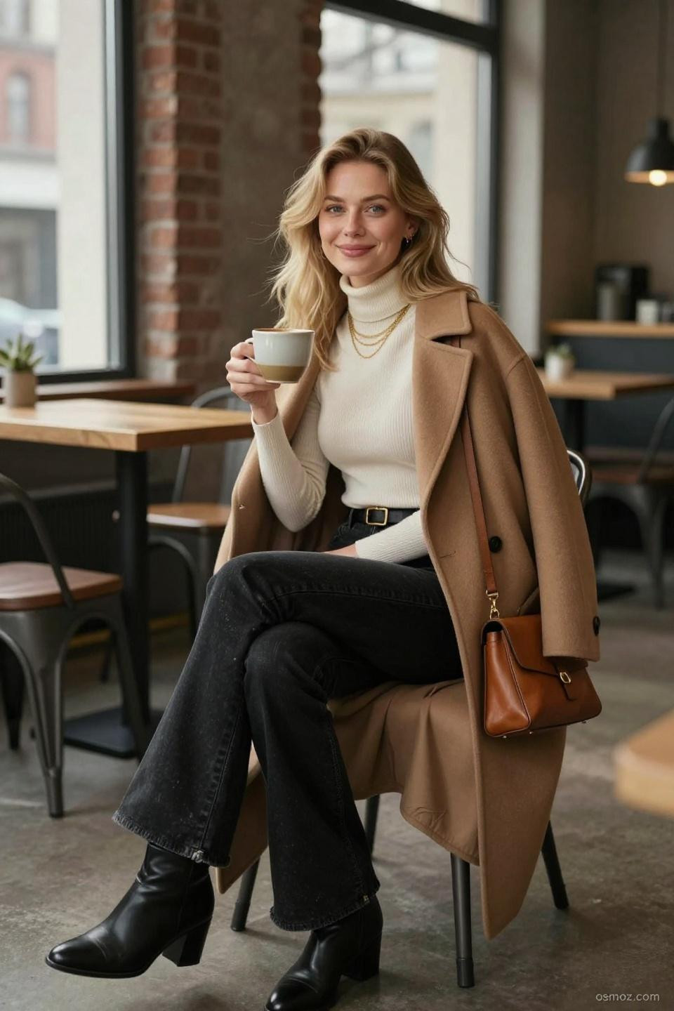 Black Flair Jeans Outfits styled with camel sweater in cozy cafe setting creating approachable sophistication