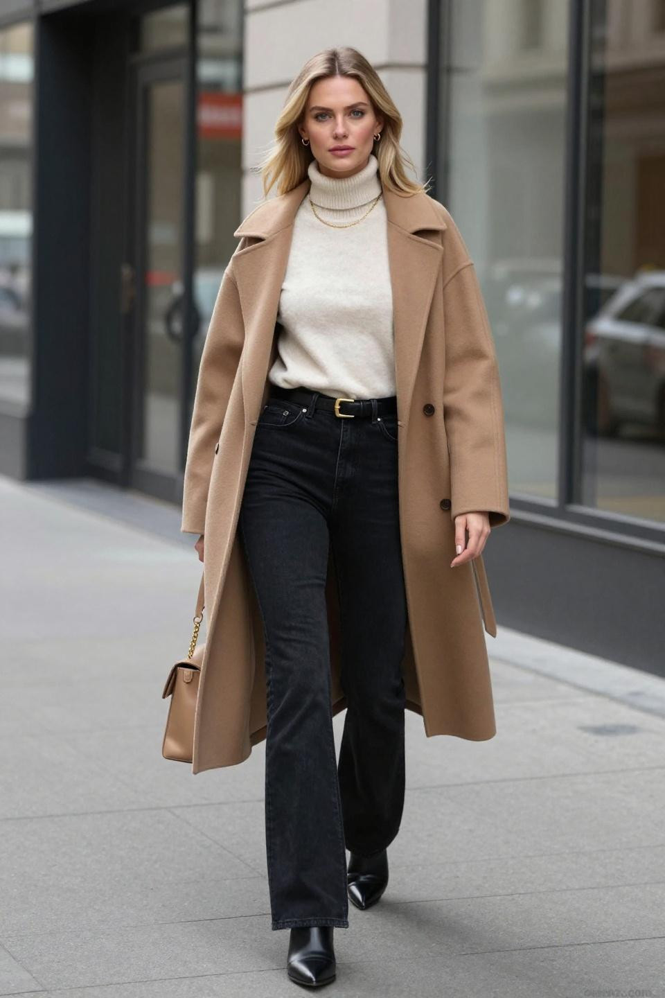Black Boot Cut Jeans Outfit with camel coat creating timeless downtown sophistication