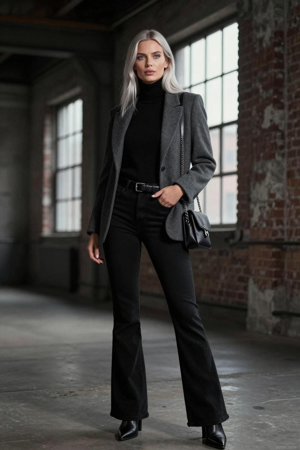 Dark Feminine Outfits featuring monochromatic black styling with structured blazer creating powerful presence
