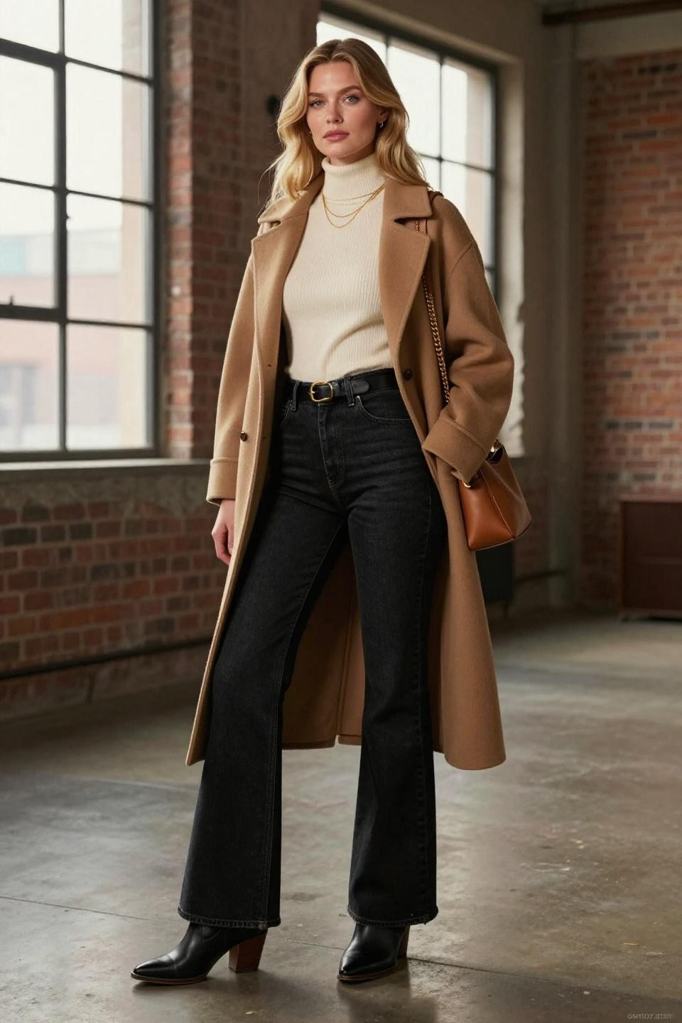 Black Flared Leggings Outfit with camel coat creating comfortable luxury aesthetic