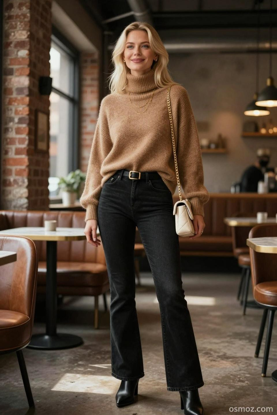 Flare Jeans Outfit Winter featuring oversized camel turtleneck creating warm casual sophistication