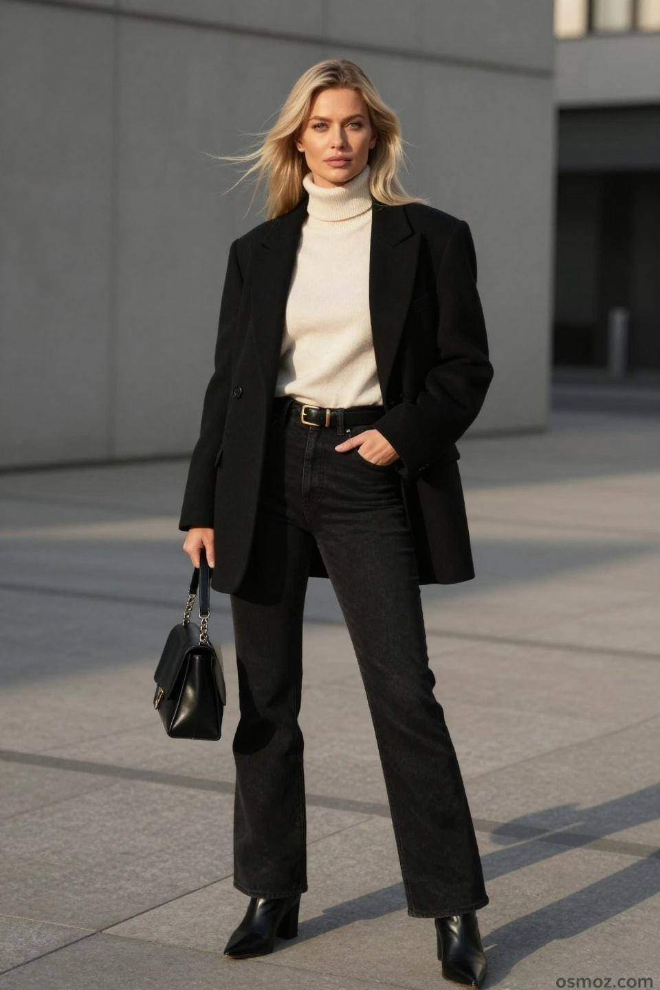 Black Bootcut Jeans Outfit with oversized blazer creating sleek minimalist aesthetic
