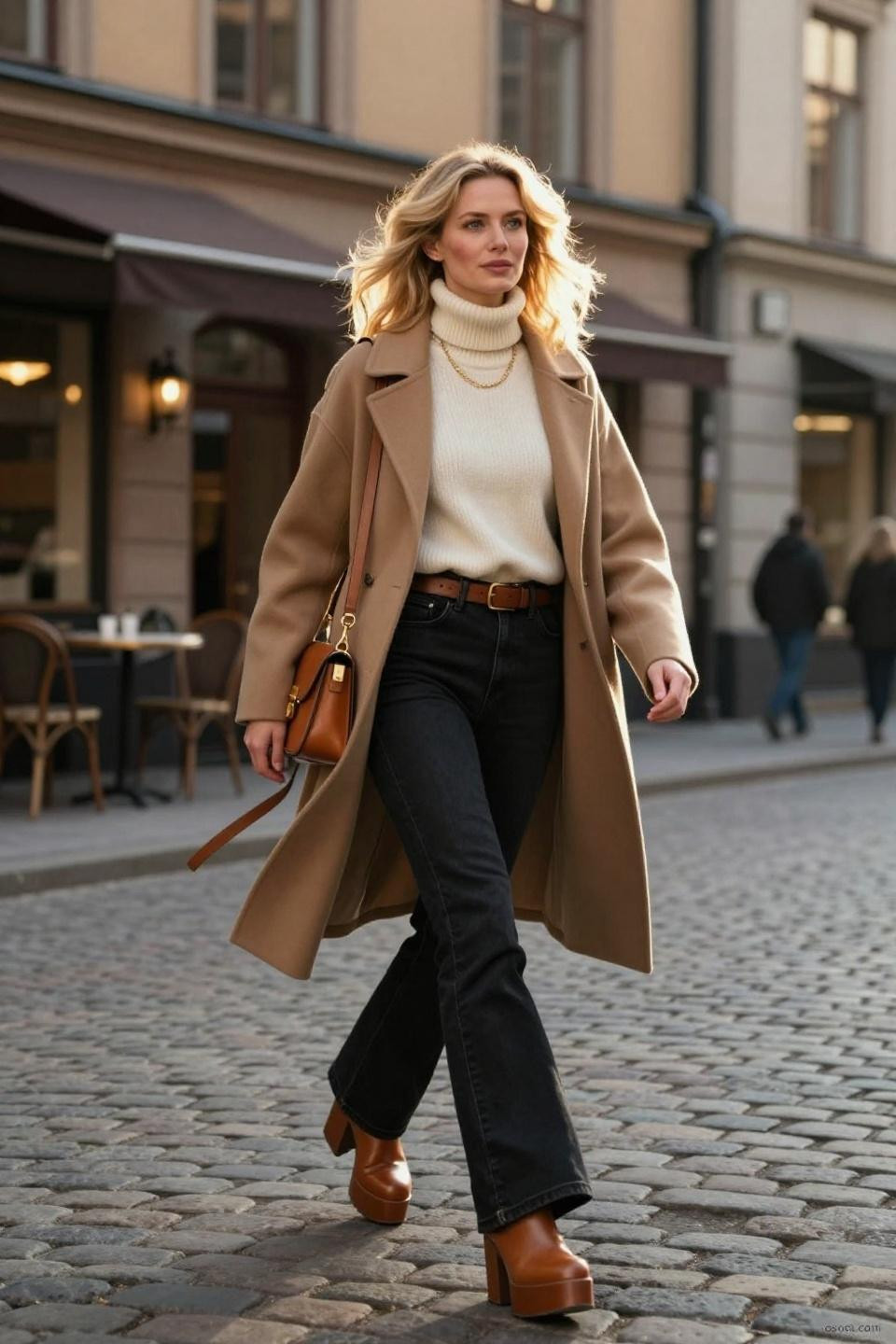 Black Flair Pants Outfit with oversized camel coat and cognac platform boots creating bohemian sophistication