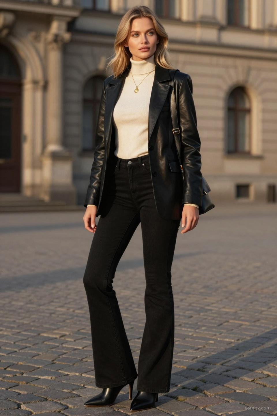 Dark Flare Jeans Outfit with cream turtleneck and black leather blazer creating editorial sophistication