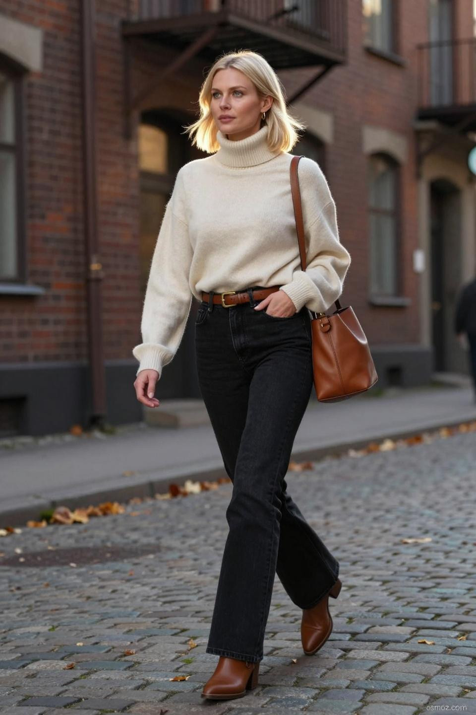 Black Bell Bottom Jeans Outfit styled with cream turtleneck and cognac accessories on cobblestone street