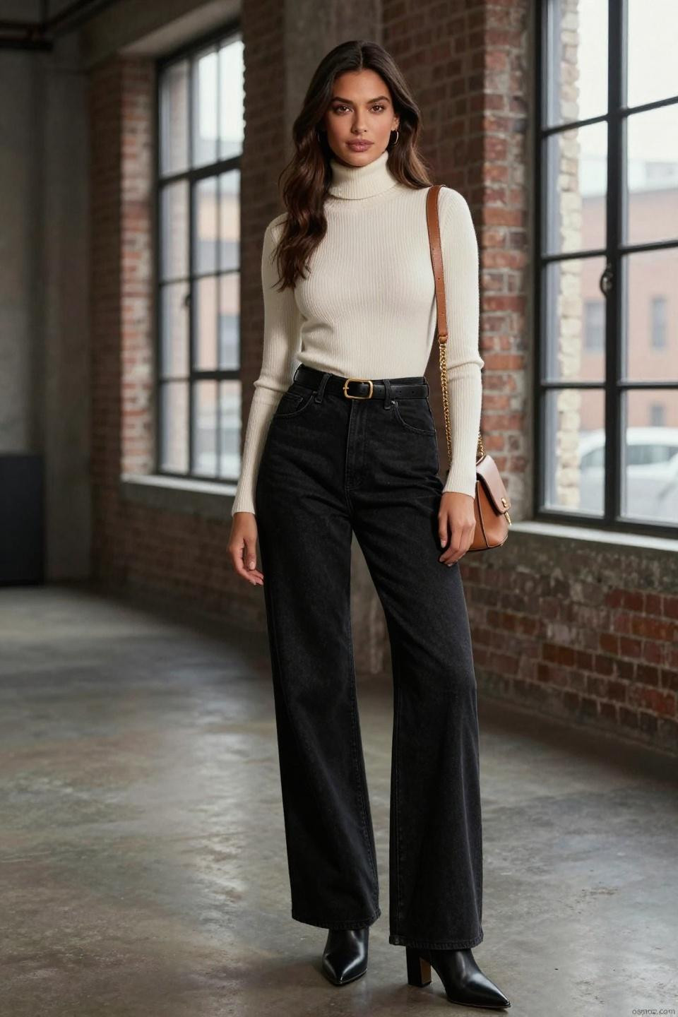 Black jeans outfit winter with ivory ribbed turtleneck and cognac crossbody bag