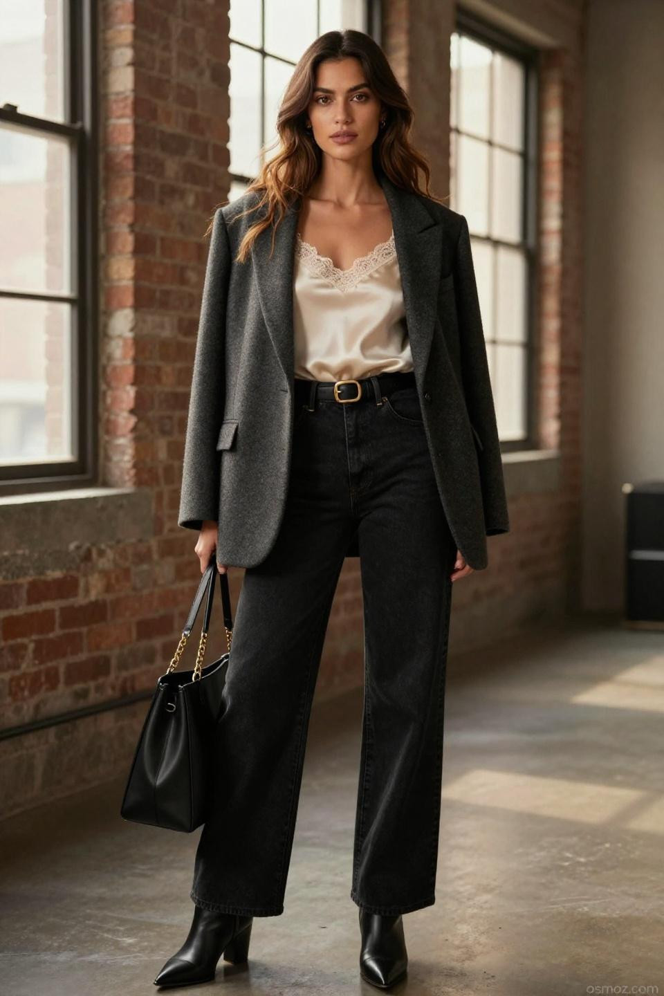 Wide leg jeans outfit ideas with ivory silk camisole and charcoal wool blazer
