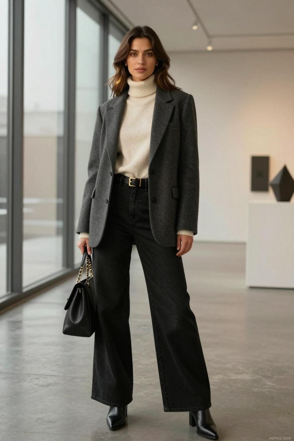 Long wide leg jeans outfit with cream cashmere turtleneck and charcoal wool blazer