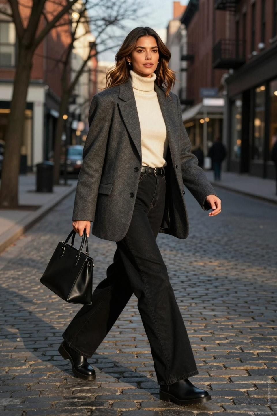 Wide leg jean pants outfit with cream turtleneck and charcoal wool blazer