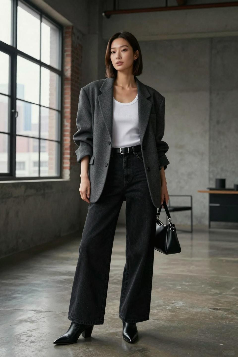 Black denim jeans outfit with white ribbed tank and charcoal grey blazer